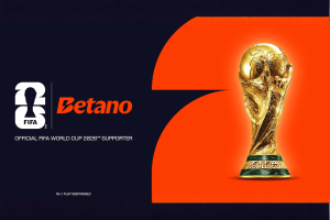 Betano FIFA World Cup 2026 sponsor announcement featuring official tournament supporter branding alongside the FIFA World Cup trophy on orange background.