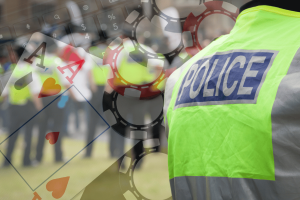 UK taskforce investigate illegal online gambling and betting fraud with casino chips, playing cards and digital payment systems illustration