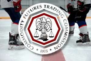 Commodity Futures Trading Commission logo displayed over hockey players on ice rink during NHL sports prediction market integrity agreement announcement