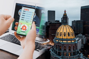 Colorado sports betting legislation concept showing mobile sportsbook app beside Denver Colorado State Capitol building skyline