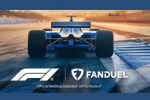 Formula 1 and FanDuel partnership promotional image featuring an F1 race car on track highlighting official sports betting operator agreement in the United States and Canada.
