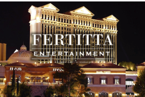 Fertitta Entertainment logo displayed over Caesars Palace Las Vegas after proposed $17.6 billion Caesars Entertainment acquisition announcement.