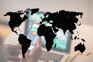 Global online gambling market illustration showing mobile sports betting, unregulated gambling growth, offshore betting platforms, and worldwide digital wagering trends.