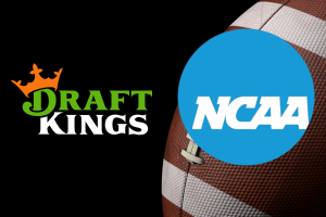 DraftKings and NCAA logos on football background illustrating legal dispute over March Madness trademark use in sports betting lawsuit. Judge denies NCAA bid to block DraftKings March Madness trademarks use