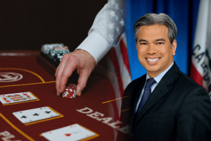 California Attorney General Rob Bonta pictured beside blackjack table amid California cardroom gambling regulations legal dispute and industry backlash