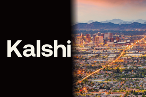 Kalshi logo beside Phoenix, Arizona skyline highlighting Ninth Circuit appeal over prediction markets, gambling laws, and federal commodities regulation.