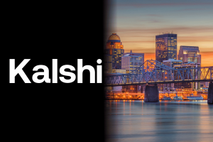 Kalshi logo beside Louisville, Kentucky skyline highlighting class action lawsuit over alleged illegal sports prediction market gambling operations