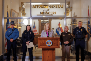 Missouri Attorney General Catherine Hanaway speaks during a press conference with state and local law enforcement officials announcing illegal gambling machine raids and criminal charges across Missouri counties.