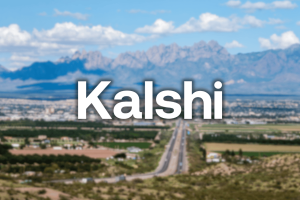 Kalshi logo over New Mexico landscape as tribes sue prediction market company over alleged illegal sports betting contracts on tribal lands.