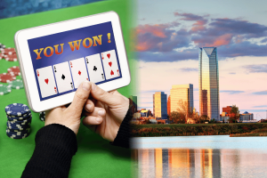 Online casino sweepstakes gambling on tablet beside Oklahoma City skyline after Oklahoma lawmakers expanded gambling restrictions and banned online casino operations.