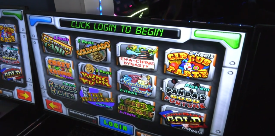 Close-up of illegal gambling slot machine games seized during Florida gaming enforcement raids targeting underground arcades in Manatee County