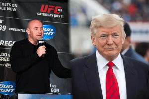 Dana White and Donald Trump pictured alongside UFC branding amid debate over gambling tax deduction limits in the One Big Beautiful Bill Act.