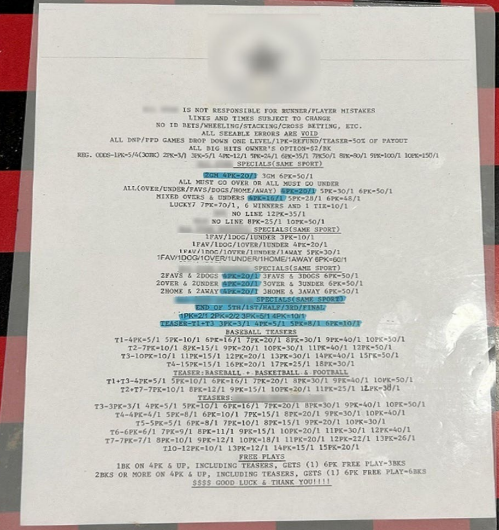 Sports gambling flyer discovered inside USP Canaan housing unit during Justice Department inspector general investigation into inmate contraband and prison gambling activity.