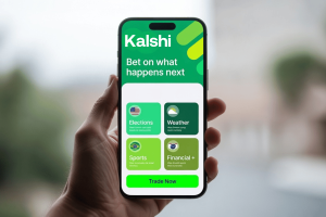 Hand holding a smartphone displaying the Kalshi prediction market platform with election, weather, sports and financial forecasting markets. BBB refers Kalshi in advertising inquiry after company declines review participation