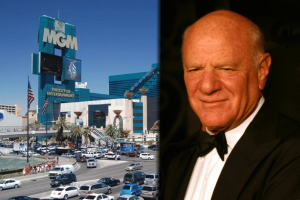 Barry Diller alongside MGM Resorts signage as People Incorporated launches an $18 billion bid to take MGM Resorts International private, highlighting major consolidation in the casino, hospitality and online gaming industry.