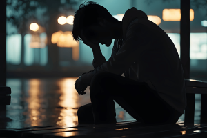 Young man sitting alone with his head in his hand at night, illustrating gambling addiction, mental health struggles, financial stress, and the growing impact of online sports betting in the United States. Bipartisan bill seeks federal gambling disorder study as betting spreads across the US
