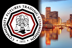 Commodity Futures Trading Commission (CFTC) logo beside the Providence, Rhode Island skyline, illustrating the federal agency’s legal challenge over prediction markets, Kalshi event contracts, and state gambling law enforcement.