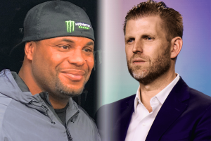 Daniel Cormier and Eric Trump pictured side-by-side amid viral UFC Freedom 250 betting screenshot controversy, as both publicly deny alleged private messages about fighter injuries and rigged fights.