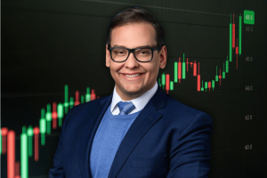 Former Rep. George Santos pictured in front of a rising financial trading chart, illustrating prediction markets, insider trading investigations, Kalshi betting activity, and growing regulatory scrutiny of political event markets.