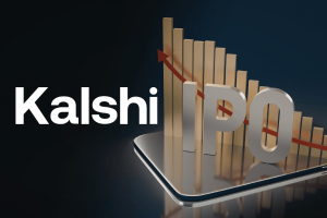 Kalshi IPO concept image featuring the Kalshi logo beside large IPO lettering and a stock market chart, illustrating reports of Kalshi IPO talks and prediction market industry growth.
