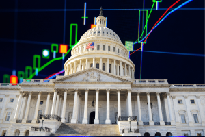U.S. Capitol with stock market chart illustrating prediction market legislation, Kalshi legal battles, CFTC filings, and congressional regulation.