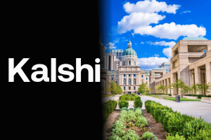 Kalshi prediction market platform logo beside the Indiana Statehouse in Indianapolis, illustrating the dispute over alleged insider trading claims involving Indiana political election markets. Kalshi denies Banks and Ireland Indiana probe amid insider trading scrutiny