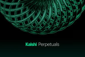 Promotional graphic for Kalshi Perpetuals featuring intertwined green abstract loops on a black background, announcing Kalshi’s launch of regulated crypto perpetual futures trading in the United States under CFTC oversight.