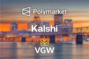 Kentucky Attorney General lawsuits against Polymarket, Kalshi and VGW displayed over Louisville skyline, highlighting state crackdown on prediction markets and sweepstakes casinos.