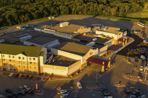 Aerial view of Prairie’s Edge Casino Resort in Minnesota, the Upper Sioux Community gaming and hotel complex at the center of a tribal solar energy project and utility service dispute.