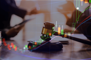 Judge's gavel overlaid with financial trading charts, symbolizing lawsuits, insider trading allegations, and regulatory developments in prediction markets.