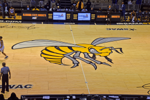 Wide view of Alabama State Hornets basketball court featuring the large hornet logo at center court, linked to NCAA findings involving former Alabama State players in the Southern Mississippi betting manipulation investigation.