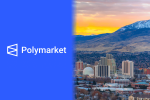Polymarket logo and Reno, Nevada cityscape representing the state's injunction and regulatory enforcement against prediction markets.
