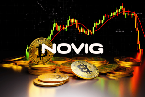 Novig logo displayed over cryptocurrency coins and trading chart illustrating CFTC approval, prediction markets growth, and crypto industry developments.