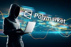 Hooded hacker using a laptop beside the Polymarket logo, illustrating the Polymarket phishing attack, crypto security breach, and regulatory scrutiny facing the prediction market platform.