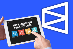 Polymarket logo with influencer marketing tablet representing Meta's reported interest in prediction markets with Polymarket and Kalshi.