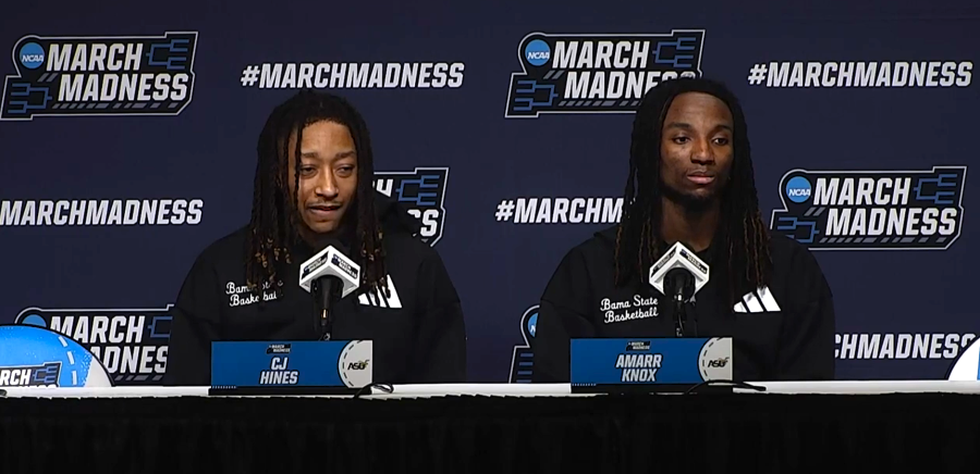 Former Alabama State players CJ Hines and Amarr Knox speak during a March Madness media availability before the NCAA's betting-related infractions findings.