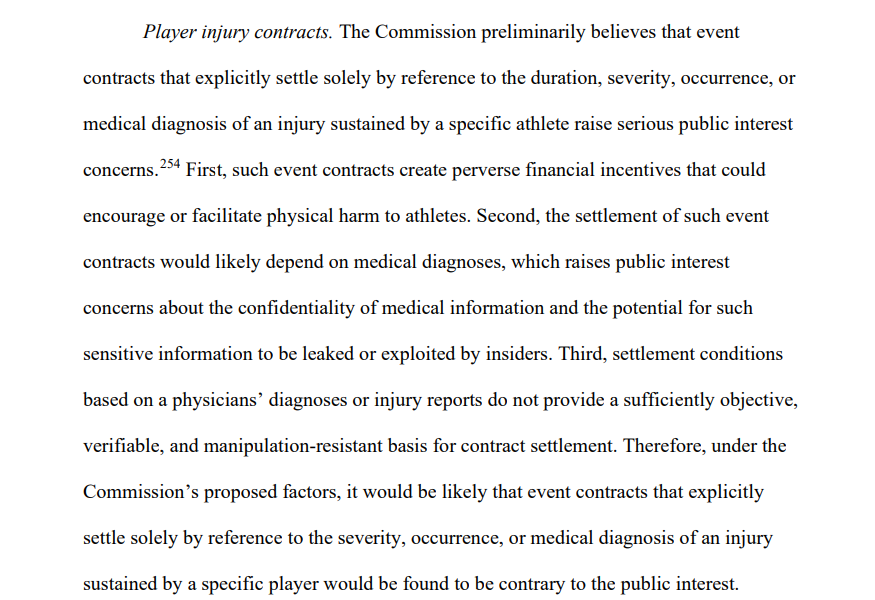 Screenshot of CFTC prediction markets proposal section explaining why player injury event contracts may violate public interest standards due to athlete harm risks, medical privacy concerns and settlement integrity issues.