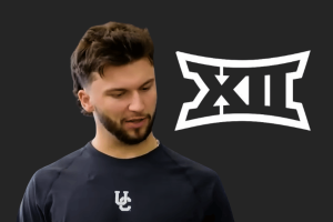 Brendan Sorsby reacts during training as Big 12 logo appears behind him following Texas Tech NCAA gambling eligibility ruling. Texas Tech warns Big 12 sanctions could spark massive liability fight