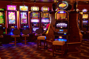 Texas gambling machines and slot-style gaming devices inside a casino, illustrating chance-based electronic games and gambling law enforcement issues.