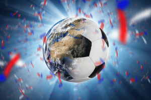 World Cup soccer ball merged with Earth surrounded by red and blue confetti, symbolizing global football betting, prediction markets, and tournament outcomes.