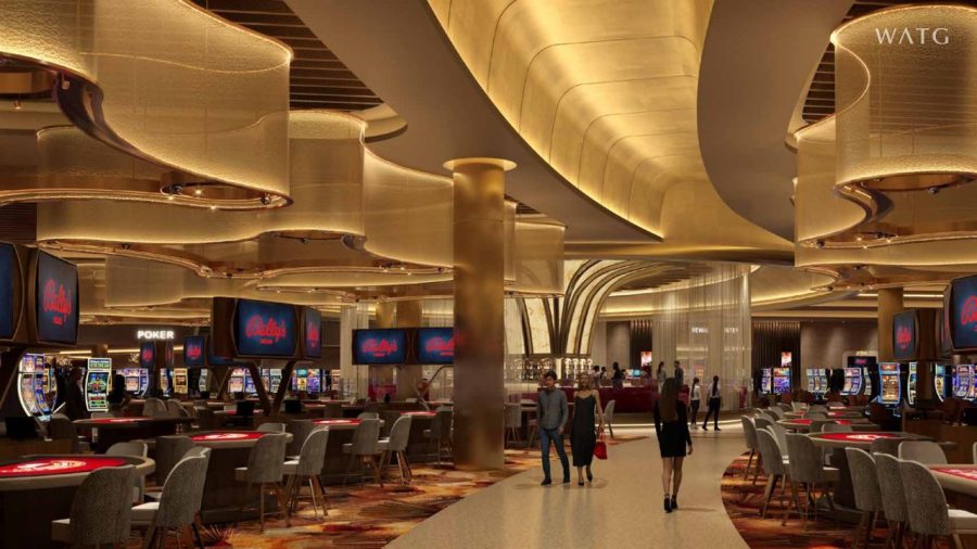 Rendering of Bally's Chicago permanent casino interior showing gaming floor with slot machines, table games, curved illuminated ceilings and modern design ahead of the $1.7 billion riverfront resort opening in 2027.