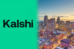 Kalshi logo beside Detroit skyline as CFTC orders prediction market to restore unwound Michigan trades amid ongoing legal dispute over sports event contracts.