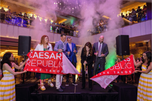 Lisa Vanderpump cuts the ribbon at the Grand Opening of Caesars Republic Lake Tahoe with Karie Hall, Anthony Carano, Gary Carano and Stew Massie.