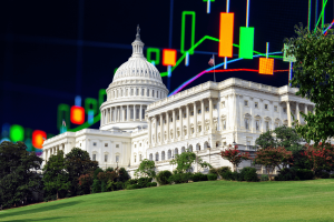 Congress grills sports prediction markets as Kalshi faces court setback, today in prediction market news LIVE. US Capitol with stock market candlestick chart illustrating congressional scrutiny of sports prediction markets, Kalshi legal challenges, and prediction market regulation.