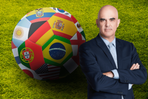 Alain Berset alongside a football featuring World Cup national flags, highlighting Council of Europe concerns over World Cup 2026 betting risks and match-fixing.