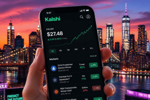 Kalshi prediction market app with election and sports event contracts displayed on a smartphone in front of the New York skyline. Critics challenge Kalshi rebuttal over retail trading loss classifications and transparency