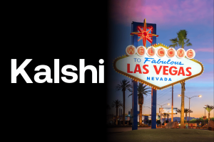 Federal judge denies Kalshi stay bid to pause Nevada gaming enforcement case. Kalshi logo on a black background beside the illuminated “Welcome to Fabulous Las Vegas Nevada” sign at dusk with palm trees and streetlights. Nevada ruling blocks Kalshi contracts amid dispute