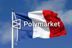 Polymarket logo displayed over the French flag following France's order to block the prediction market platform over unauthorized gambling concerns.
