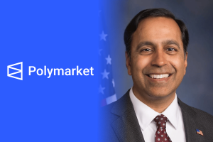 Rep. Raja Krishnamoorthi alongside the Polymarket logo as the congressman seeks answers over election misinformation, influencer marketing, and prediction market practices.