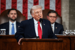 President Donald Trump delivers a speech at the U.S. Capitol as Kalshi investigates alleged insider trading tied to Trump speech prediction markets.